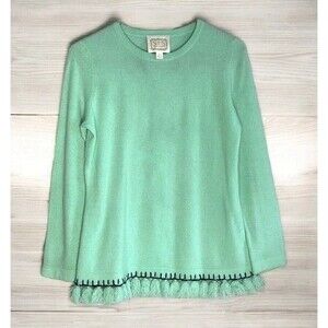 STS Sail To Sable Green Fringe Hem 100% Casmere CrewNeck Sweater Women Size XS